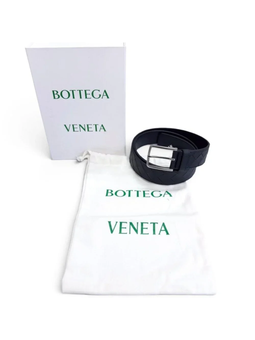 Bottega Veneta Intrecciato Leather Belt Navy Silver 95